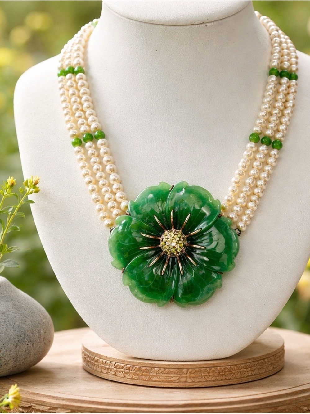 Vintage Jade, Cultured Freshwater Pearl & Peridot Floral Necklace – Sterling 925